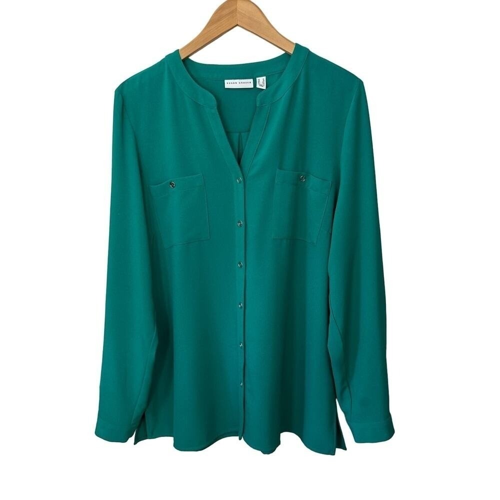 Susan Graver Button Up Shirt Roll‎ Tab Sleeve Green Top Womens Size 14 V Neck